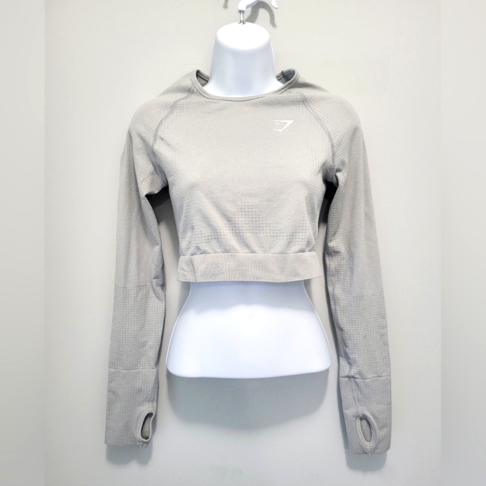 Gymshark Crop Top Shirt M Light Gray Core‎ Marl Long Sleeve Compression Medium